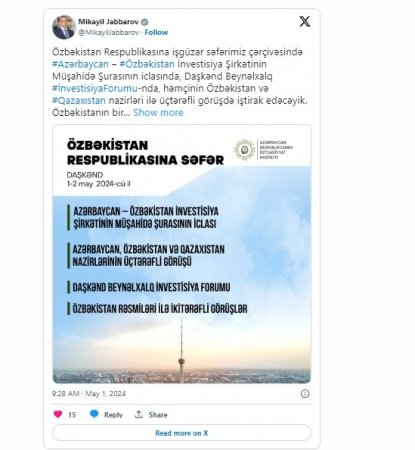 Mikayıl Cabbarov: "Azərbaycan, Qazaxıstan və Özbəkistan nazirlərinin üçtərəfli görüşü keçiriləcək" Mikayıl Cabbarov: "Azərbaycan, Qazaxıstan və Özbəkistan nazirlərinin üçtərəfli görüşü keçiriləcək"