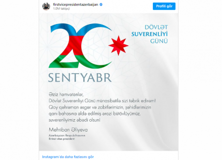 Mehriban Əliyeva Dövlət Suverenliyi Günü münasibətilə Azərbaycan xalqını təbrik edib Mehriban Əliyeva Dövlət Suverenliyi Günü münasibətilə Azərbaycan xalqını təbrik edib